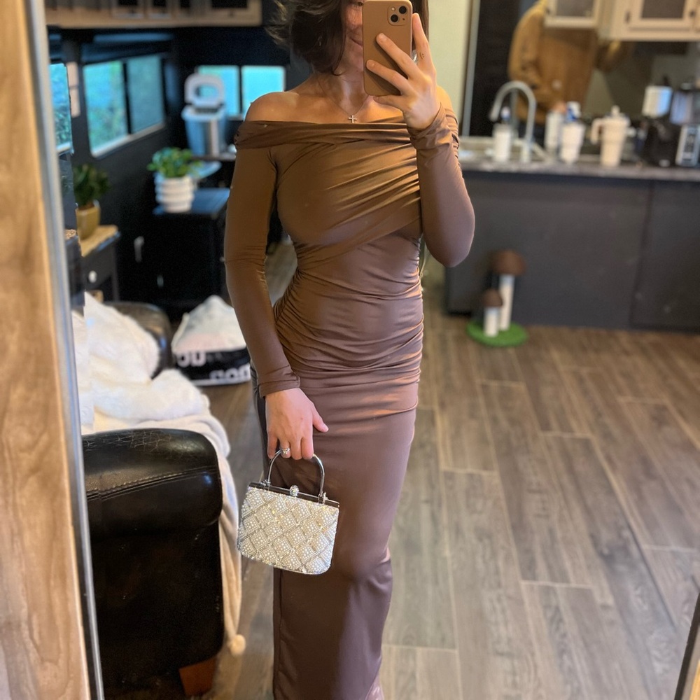 Elegant Brown Off-Shoulder Dress